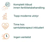 4 illustrasjoner med tekstene: komplett tilbud innen fertilitetsbehandling, topp moderne utstyr, time hos samtaleterapeut inkludert og ingen ventetid.