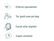 4 illustrasjoner med tekstene: Erfarne spesialister - Ta godt vare på deg - Fysisk eller digitalt - Ingen ventetid.