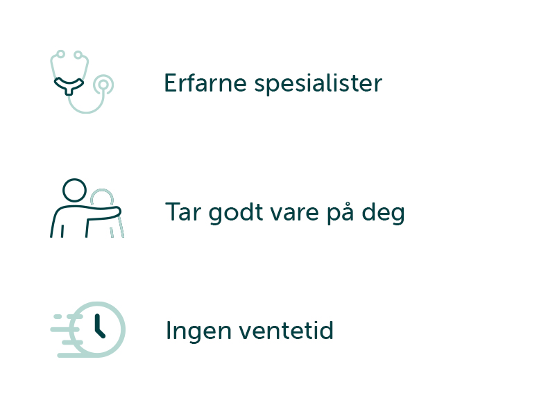 3 illustrasjoner med tekstene: Erfarne spesialister - Ta godt vare på deg - Ingen ventetid.