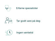 3 illustrasjoner med tekstene: Erfarne spesialister - Ta godt vare på deg - Ingen ventetid.