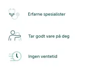 3 illustrasjoner med tekstene: Erfarne spesialister - Ta godt vare på deg - Ingen ventetid.