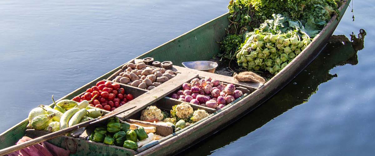 En langbåt lastet med frukt og grønnsaker. reisemedisin. 